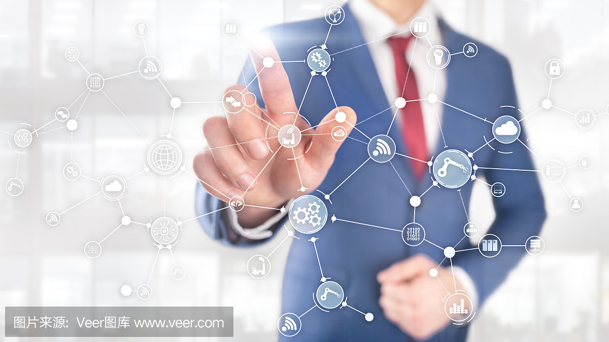 虛擬屏幕上的技術工業業務流程工作流組織結構。物聯網智能行業概念混合媒體圖。